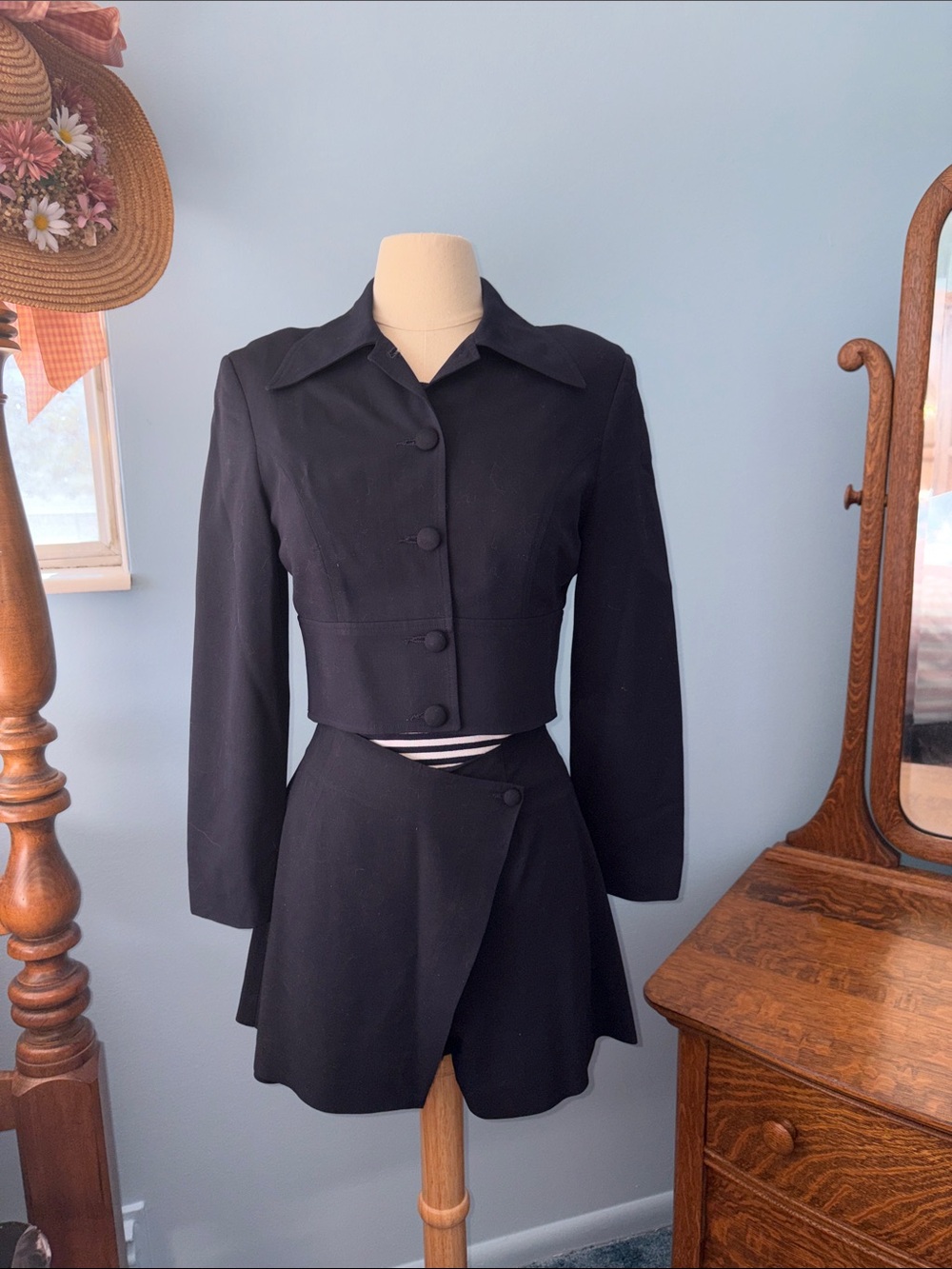 Vintage 80s Guess Collection Navy Blue two-piece Skort and Cropped Jacket.